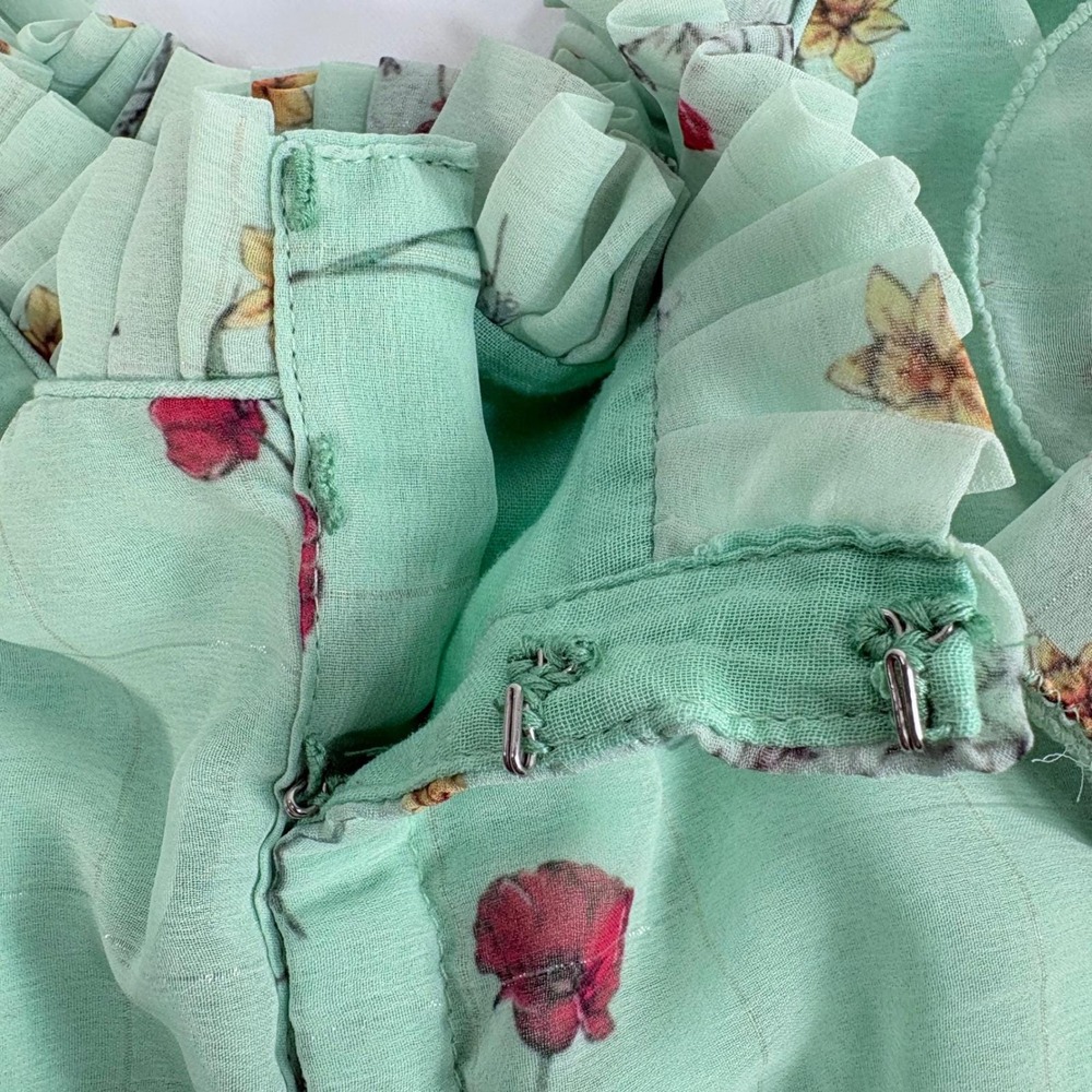 Handmade Vintage Midi Dress Mint Green Floral Poppy Ruffle Flutter Sleeve - Picture 7 of 9